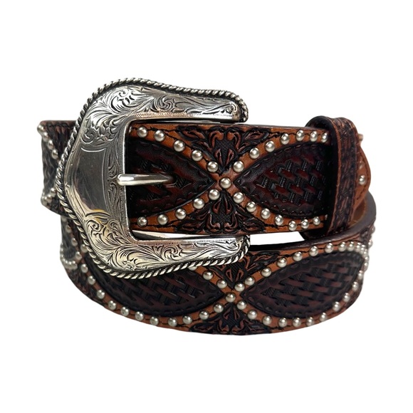 Justin 125 Year Studded Belt Leather Brown Women's Cowgirl Size: 34 - Picture 1 of 14